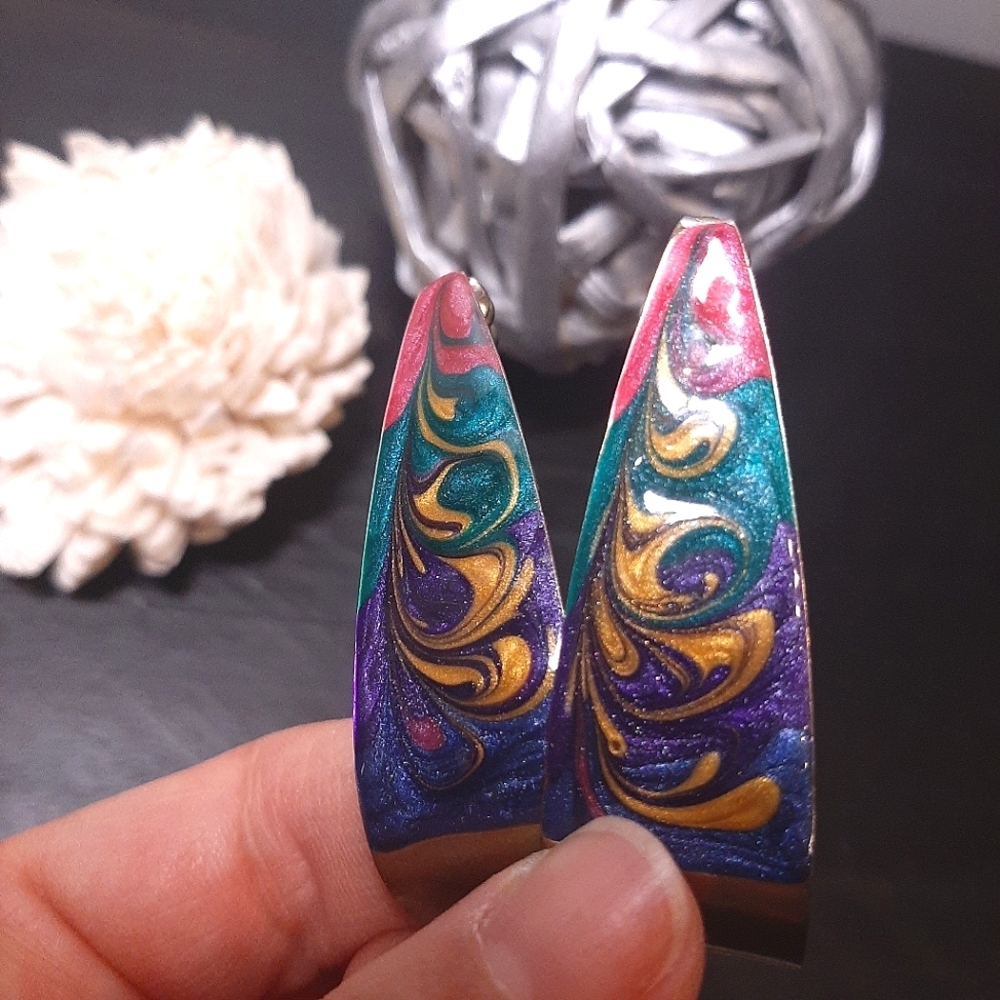 3/$20 Vintage 80s Oversized Earrings Half Hoop Glitter Enamel Hand Painted